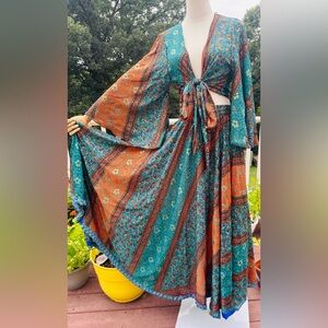 Bohemian Floral silk  Maxi Dress in Teal and Orange